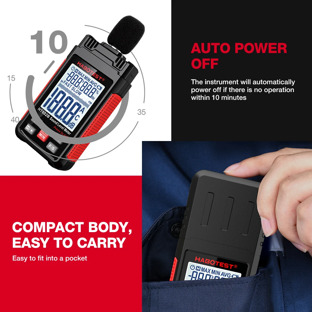 HABOTEST HT602 Sound Level Meter Digital Handheld DB Meter Sonometros Noise Audio Level Meter 30-130dB Decibels Mini Sound Meter