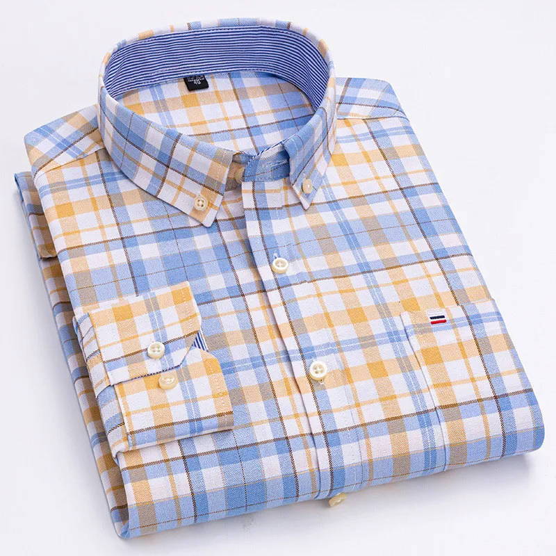 Men Shirt Long Sleeve Casual Cotton Business Plaid Striped Shirt Regular Fit Solid Color 6XL 7XL Oxford Casual Shirts for Men