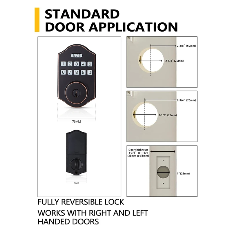 กุญแจล็อคประตูทางเข้าแบบไม่ใช้กุญแจ1ชุดล็อคประตูหน้าอัตโนมัติ100รหัสผู้ใช้ที่มีสลักกุญแจไฟฟ้าป้องกันการออกประตูสีดำ