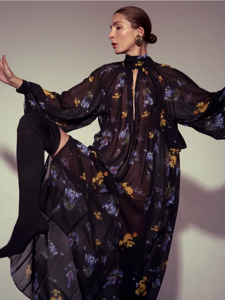 

Printed Scarf Ribbon Chiffon Dress Lace Up V-Neck Baggy Slimming Holiday Beach Women Long Dresses Flower Wide Long Sleeved Robes