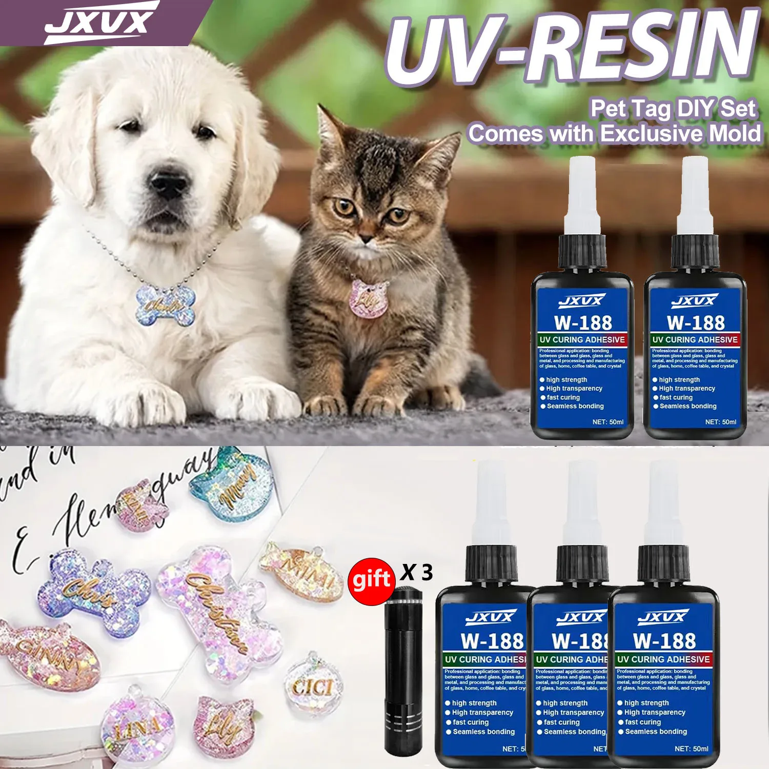 

50 мл W188 УФ-клей для ювелирных изделий своими руками, высокая прозрачность, быстросохнущая, высокая твердость, рождественские украшения, узоры своими руками, низкое запах (УФ-лампа в комплекте).