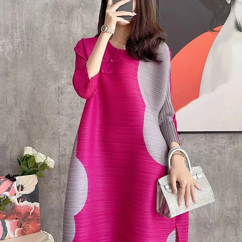 Round Neck Short Sleeves Patchwork Colour Collision Loose Style Miyake Summer 2025 Dresses Fashion Casual Design Pleated Dress