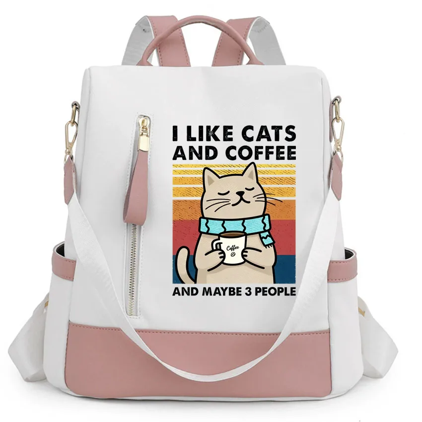 

Waterproof Women Backpack Fashion Anti-theft School Bag I Like Cats And Coffee Street Printing Female Travel Shoulder Handbag
