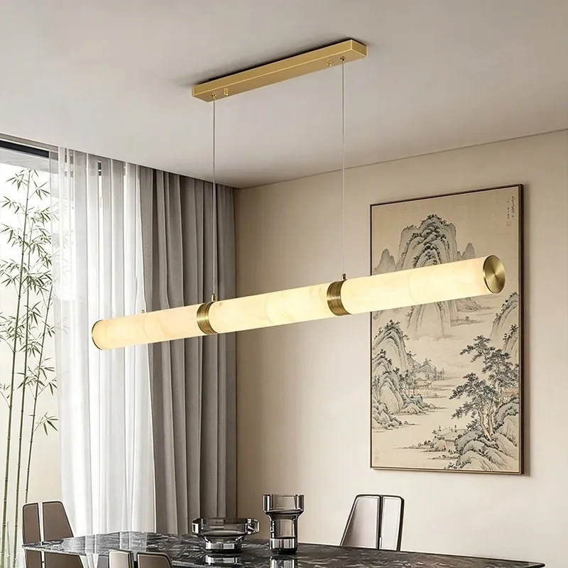 Mid-century Modern Linear Chandelier Full Copper Body Marble Shade Zen Aesthetic For Dining Room Office Study