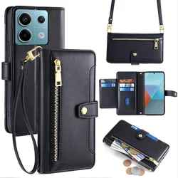 Crossbody Case for Xiaomi Redmi Note 13 13R Pro Plus 13C 5G Poco X6 M6 Pro Zipper Wallet Flip Phone Case with Lanyard Card Slots
