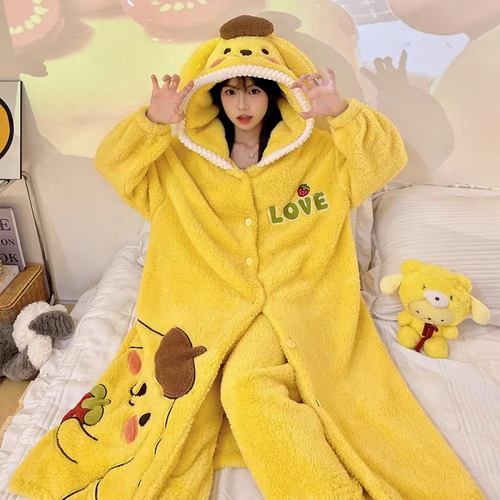 

Anime Purin Dog Women Coral Velvet Pajamas Suit Winter Plush Hooded Flannel Sleeping Gown Long Pants Homeclothes Two-Piece Set