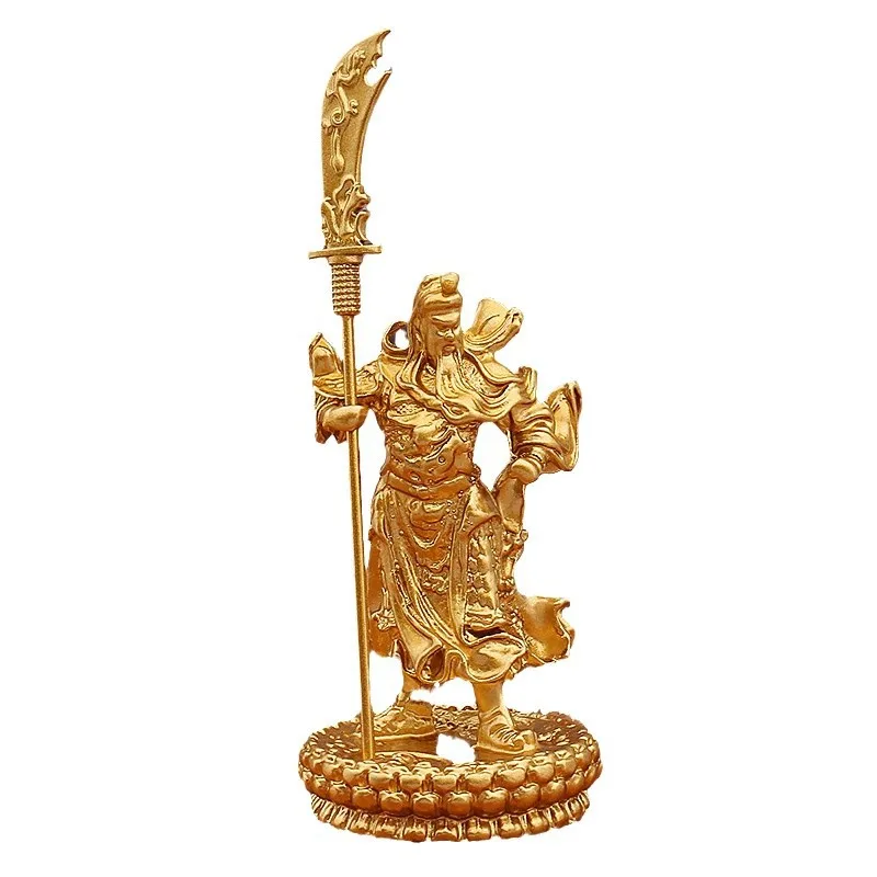 Golden Guan Gong Warrior God of Wealth Figurine Standing Sword Lotus Base Metal Craft for Home Office Ornament