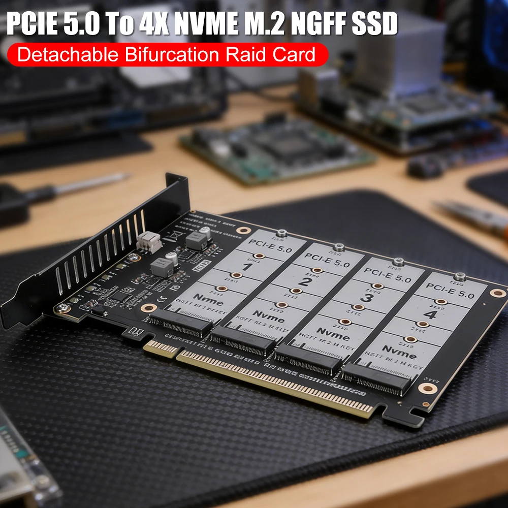 PCIE Express 5.0 Gen5 Gen4 X16 Hard Drive Converter To 4X NVME M.2 NGFF SSD High Speed 4x128Gbps with Individual LED Indicator