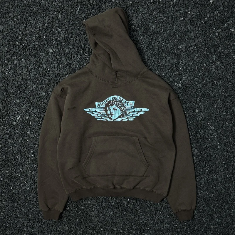 Ange Printing Saint Michael Hoodies Men Women Oversized Pure Cotton Brown Sweatshirt