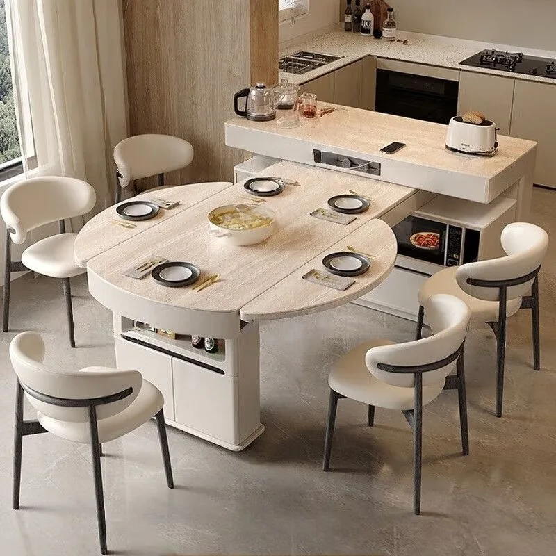 Long Island table, travertine cream wind, rotating and retractable, dual-purpose, open kitchen corner solid wood bar