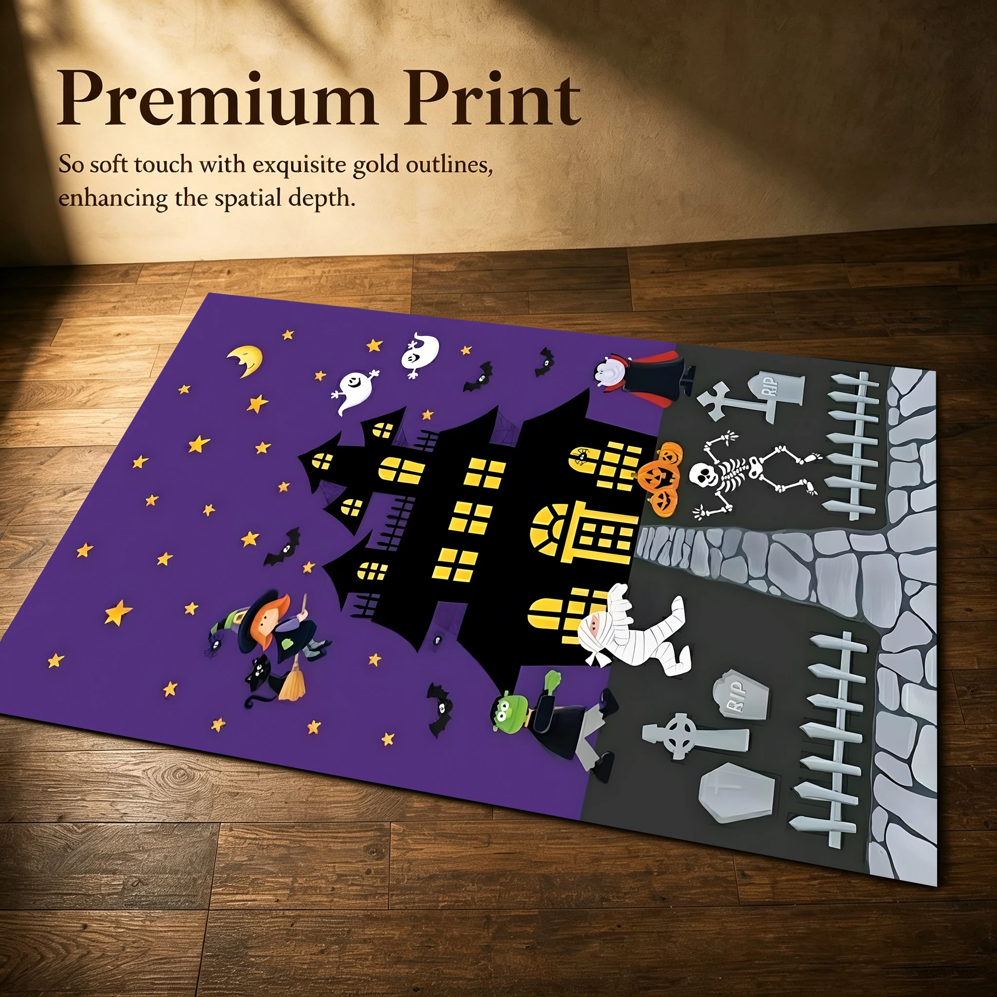 Cartoon Halloween Castle Ghost Pumpkin Skull Velvet Area Rug, for Entryway Bedroom Living Room, Autumn Winter