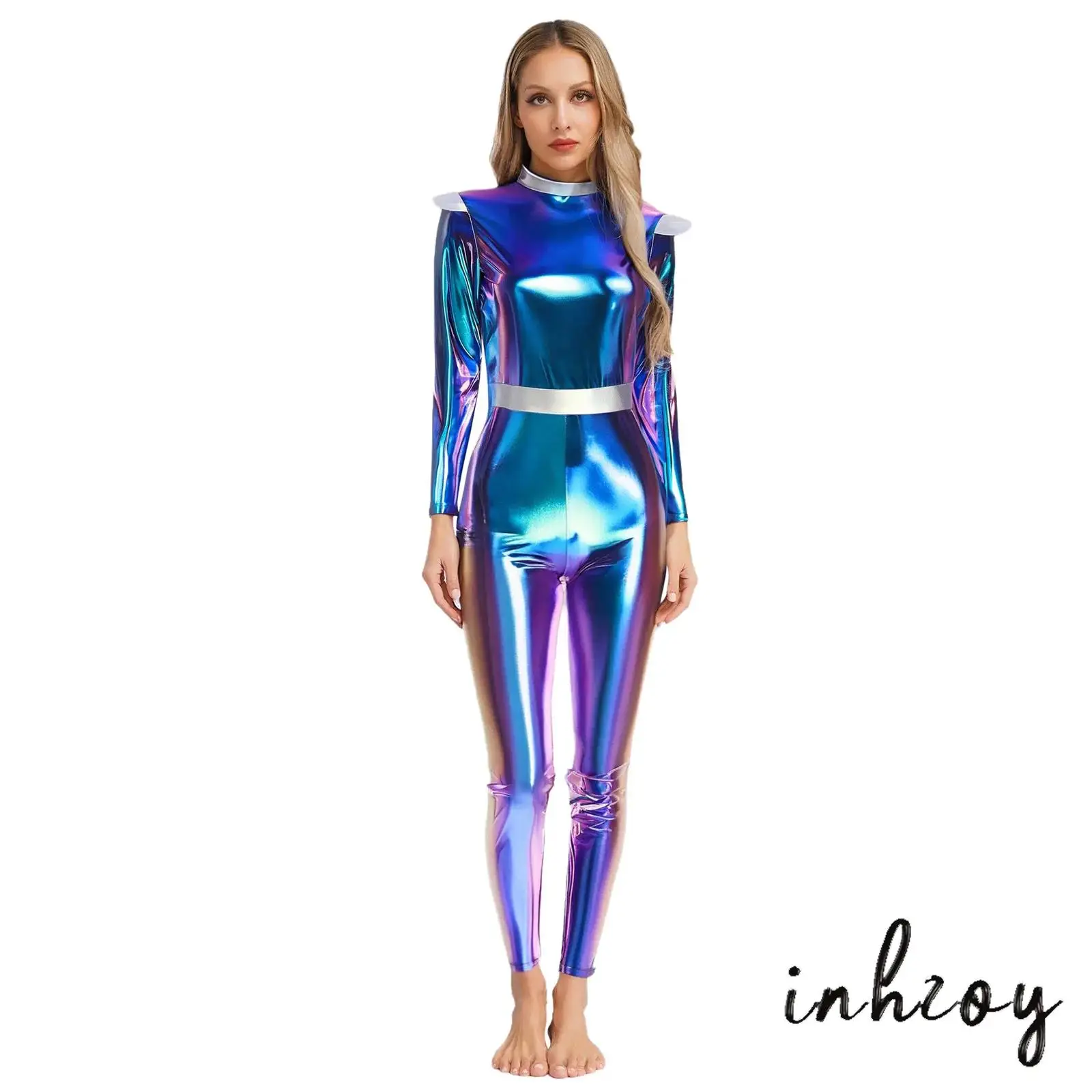 

Women Halloween Alien Costume Long Sleeves High Waist Long Jumpsuit Outer Space Cutie Robot Costume for Carnival Performance