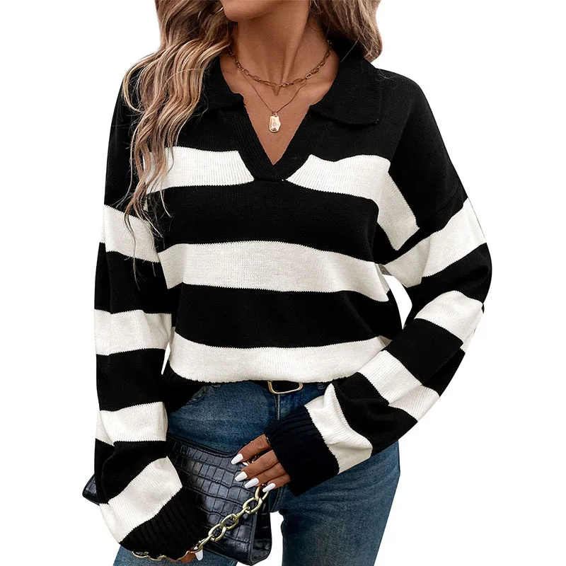 

Autumn Women's Long Sleeve Collar Striped Sweater
