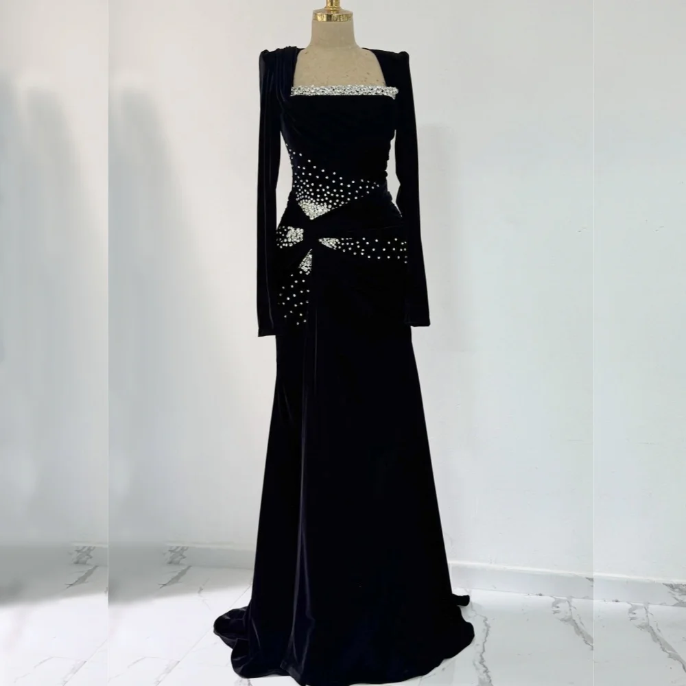 

Индивидуальное вечернее платье с квадратным вырезом и блестящими стразами, плиссированные длинные платья на заказ, элегантное вечернее платье