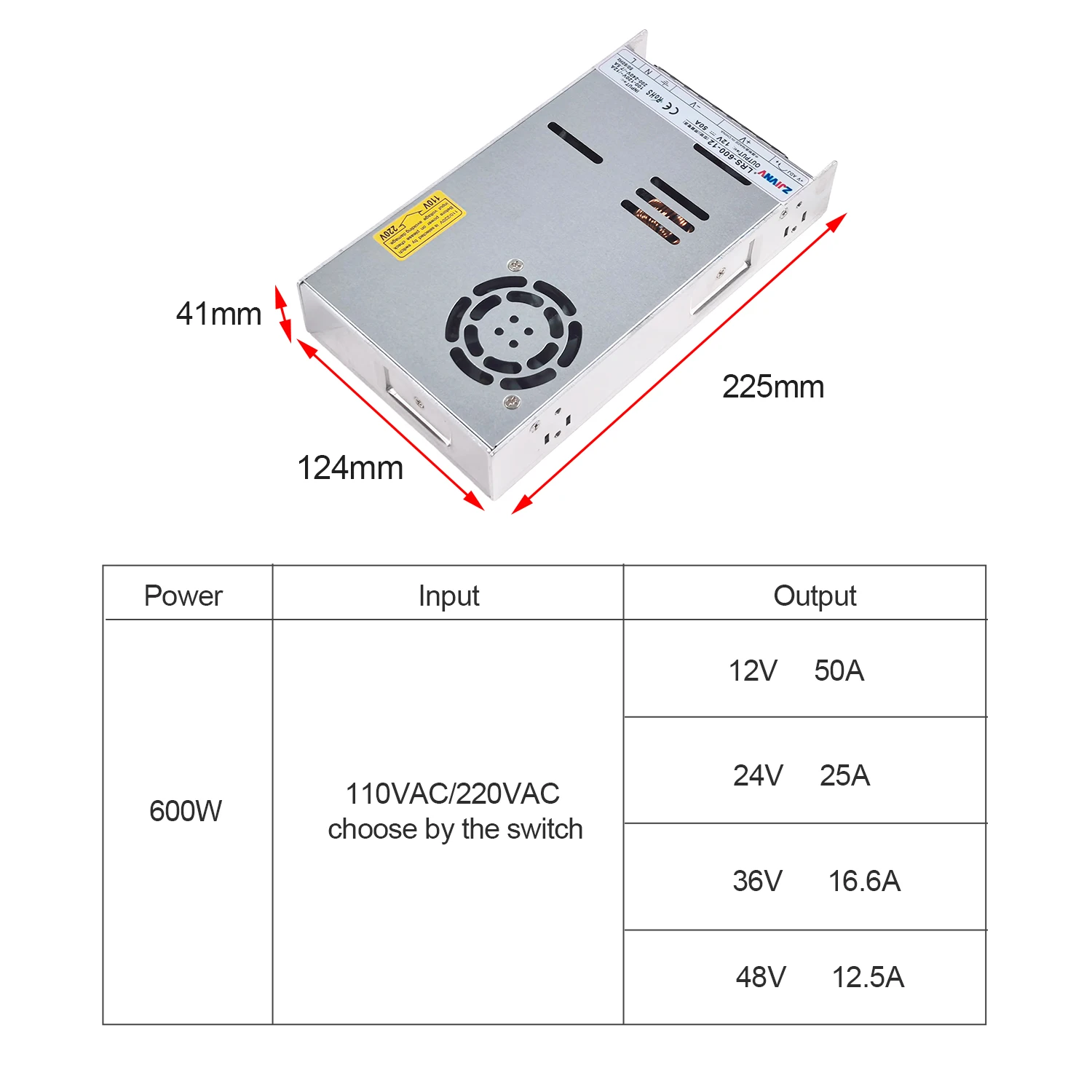 LRS-600W AC-DC Power Supply 110V/220V to DC 12V/24V/48V High Power SMPS for Ham Radio Base Station & Lab Equipment 50A 25A 10A