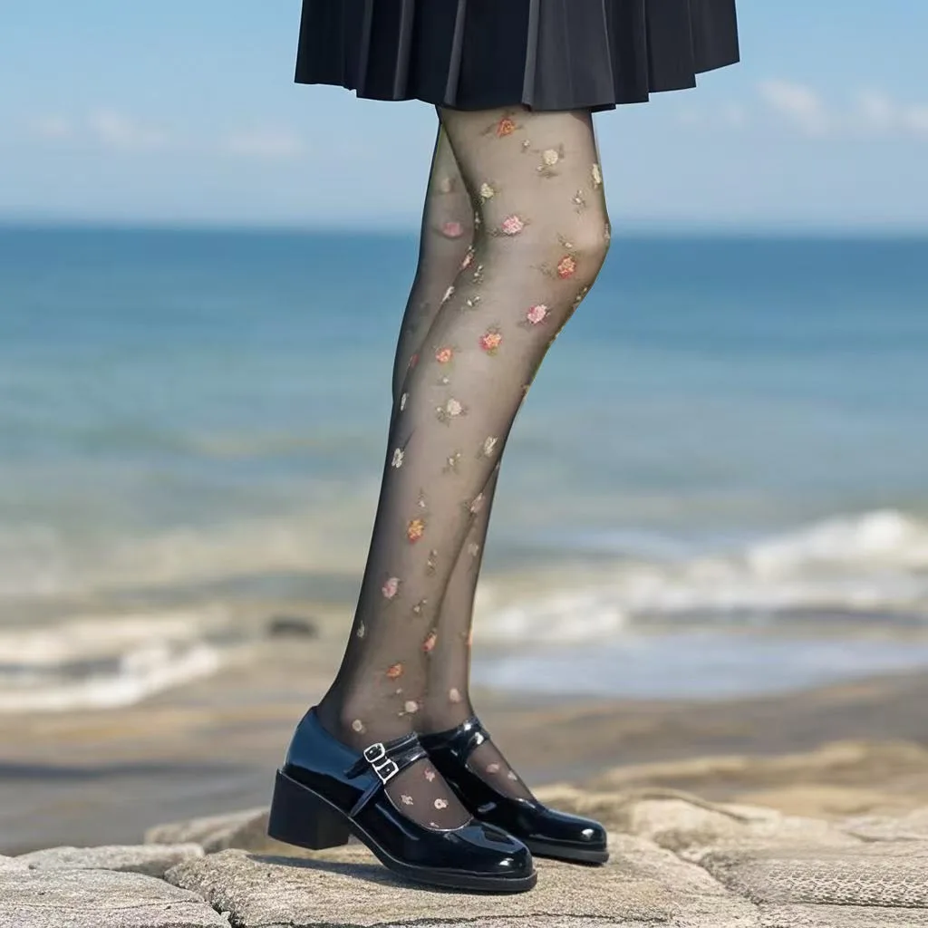 AAA New Women Floral Pantyhose Base Socks Sweet Girl Design Matching Dress Student Female Super Good looking 40-52kg Black Skin