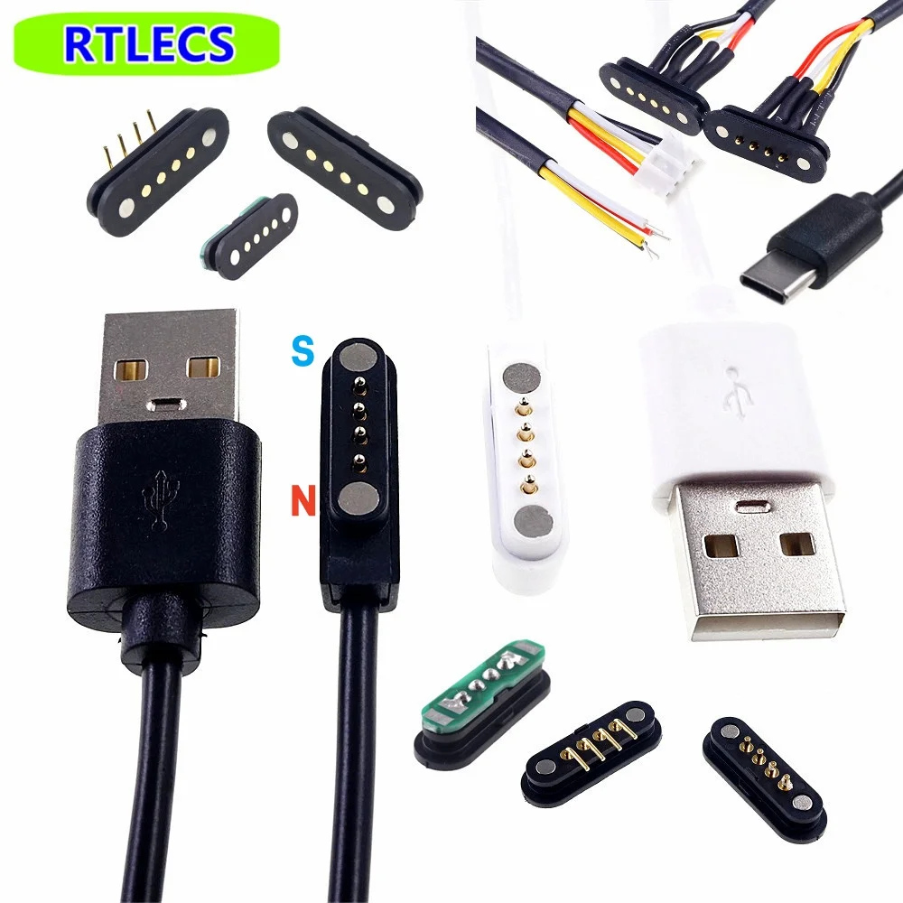 1/5 Pair 1.5 A Magnetic Pogo Pin Connector 4 Pin Smart Watch Male Female 2.54 MM Spacing Spring Loaded DC Power USB Type-C Cable