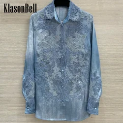 7.25 KlasonBell Women Lace Applique Embroidery Single Breasted Shirt Tie-Dye Print Blue Long Sleeve Loose Blouse