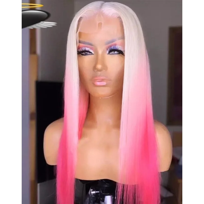 Long Straight Blond Pink  Brazilian Human Hair Wig 4x4Lace Front Dress Party