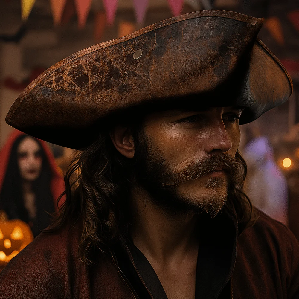 

PU Leather Halloween Pirate Hat Triangular Buttoning Design Captain Tricorn Hat Vintage Masquerade Party Cosplay Hat Adult