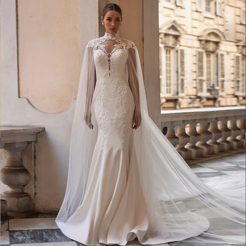 Detmgel New Exquisite Ivory V Neck Meimaid Wedding Dresses Luxury Cloak Beading Applique Court Train Bridal Dress Customized