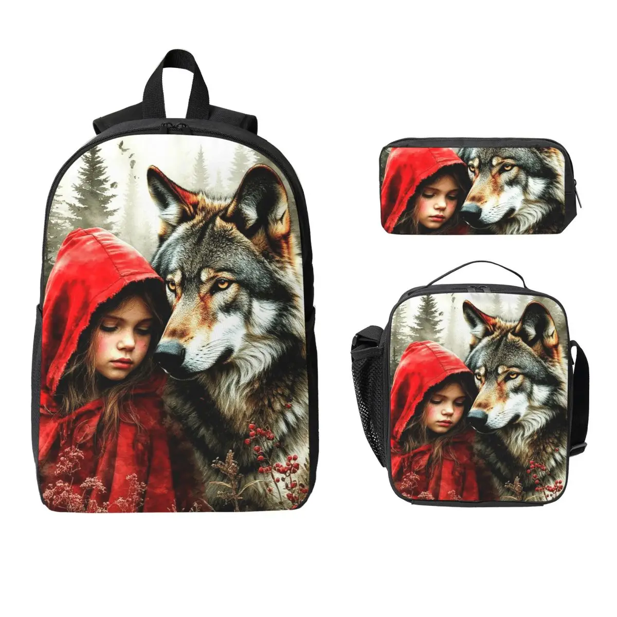 Little Red Riding Hood And Wolf Backpack Student BookBag School Bag Laptop Shoulder Bags 3ps Insulated Lunch Bag Pencil Case