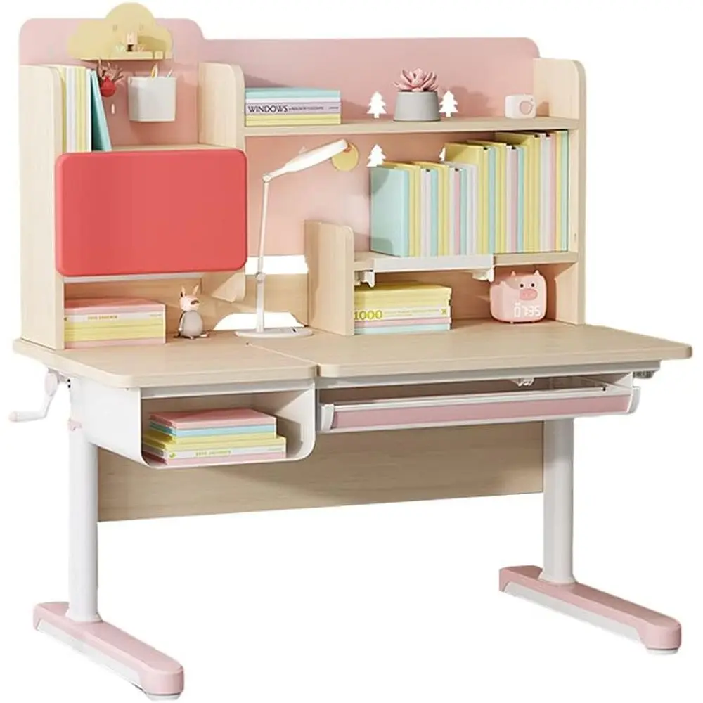 

Adjustable Height Ergonomic Kids Study Desk with Built-in Bookshelf and Hutch, 43.3 Wide in Pink