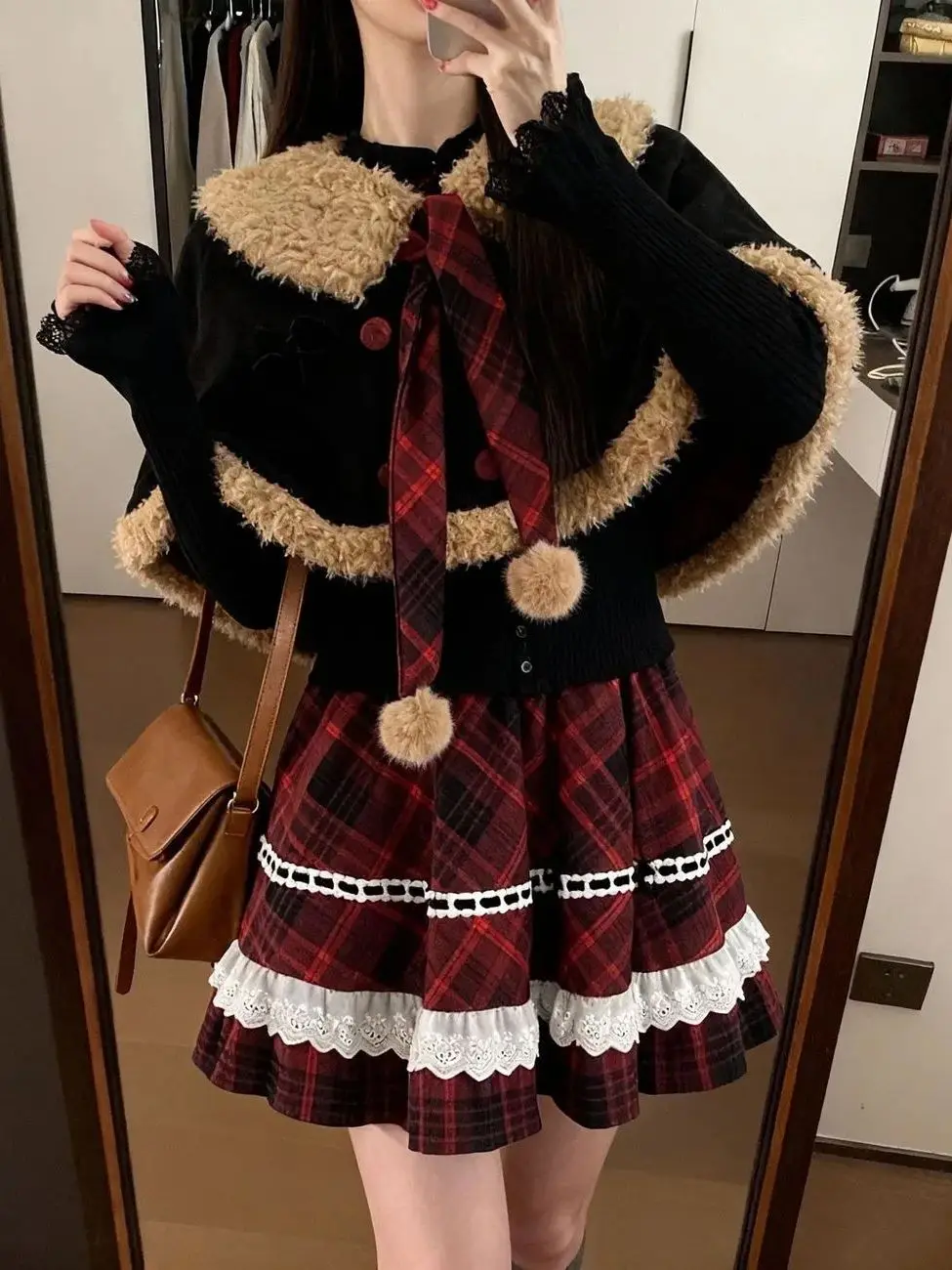 

Retro Plaid Lamb Fur Splicing Cloak Shoulder Padded Dress Women's Spring Autumn Sweet Two-Piece Set Casual Workwear Skirt Suit