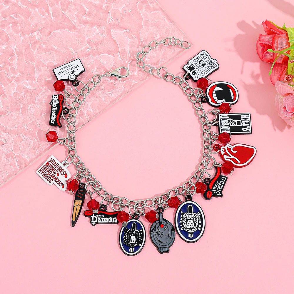 Vintage Vampire Themed Charm Bracelet Multi-Pendant Chain Bangle Fashion Jewelry Gift for the Vampire Diaries TV Show Fans