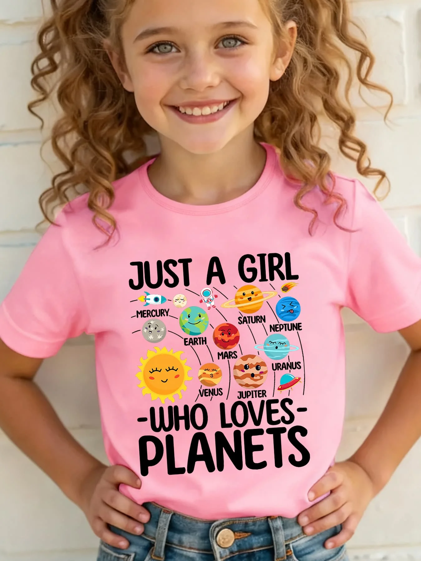 Cute Just A Girl Loves Planets Space Print Family Matching T Shirt Boys Girls Summer Short Sleeve Tees Parent‑Child Daily Tops