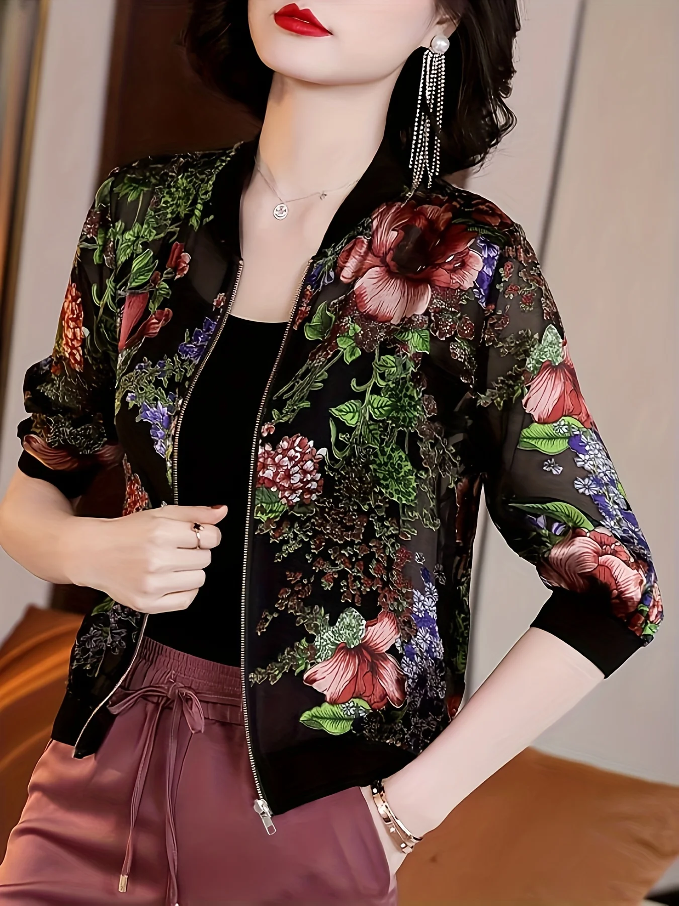 Damenjacke mit durchscheinendem Blumenmuster, Reißverschluss, Sommerjacke, leichte Chiffon-Oberbekleidung, Vintage-Stil, rot-grünes Blumenmuster, lässig
