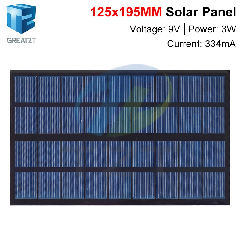 GREATZT 9V 334mA 3W Solar Panel Polycrystalline 125*195MM Mini Sunpower Solar System DIY for Battery Cell Phone Charger