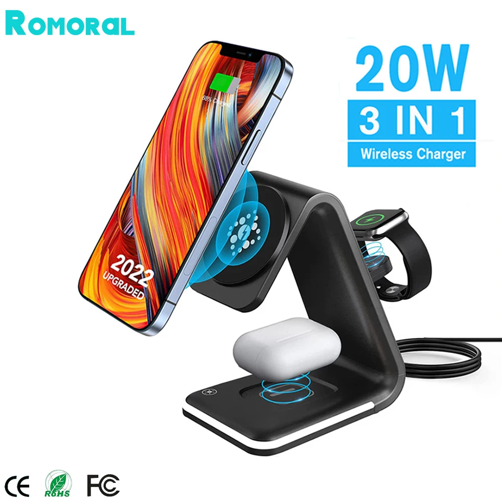 Soporte de cargador inalámbrico magnético 3 en 1 de 20W para Apple Watch 7 6 15W, estación de carga rápida para iPhone 13 12 AirPods 2 Pro