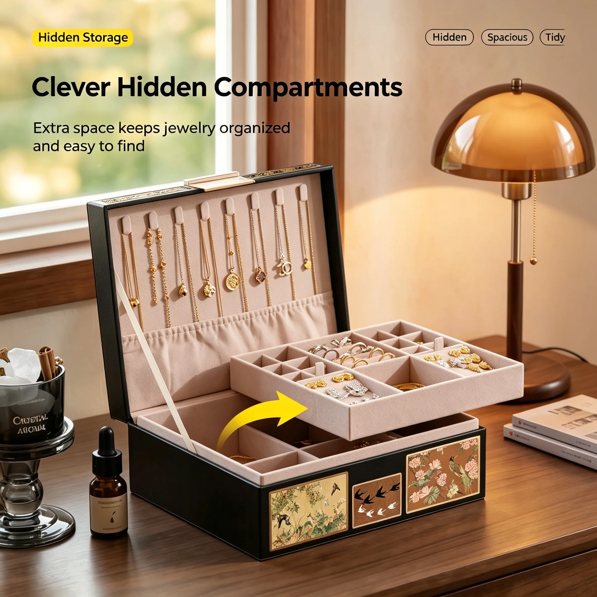 2‑Tier PU Leather Jewelry Box, Hidden Compartment Velvet Lining Jewelry Organizer Storage Case for Rings Earrings Necklaces Gift