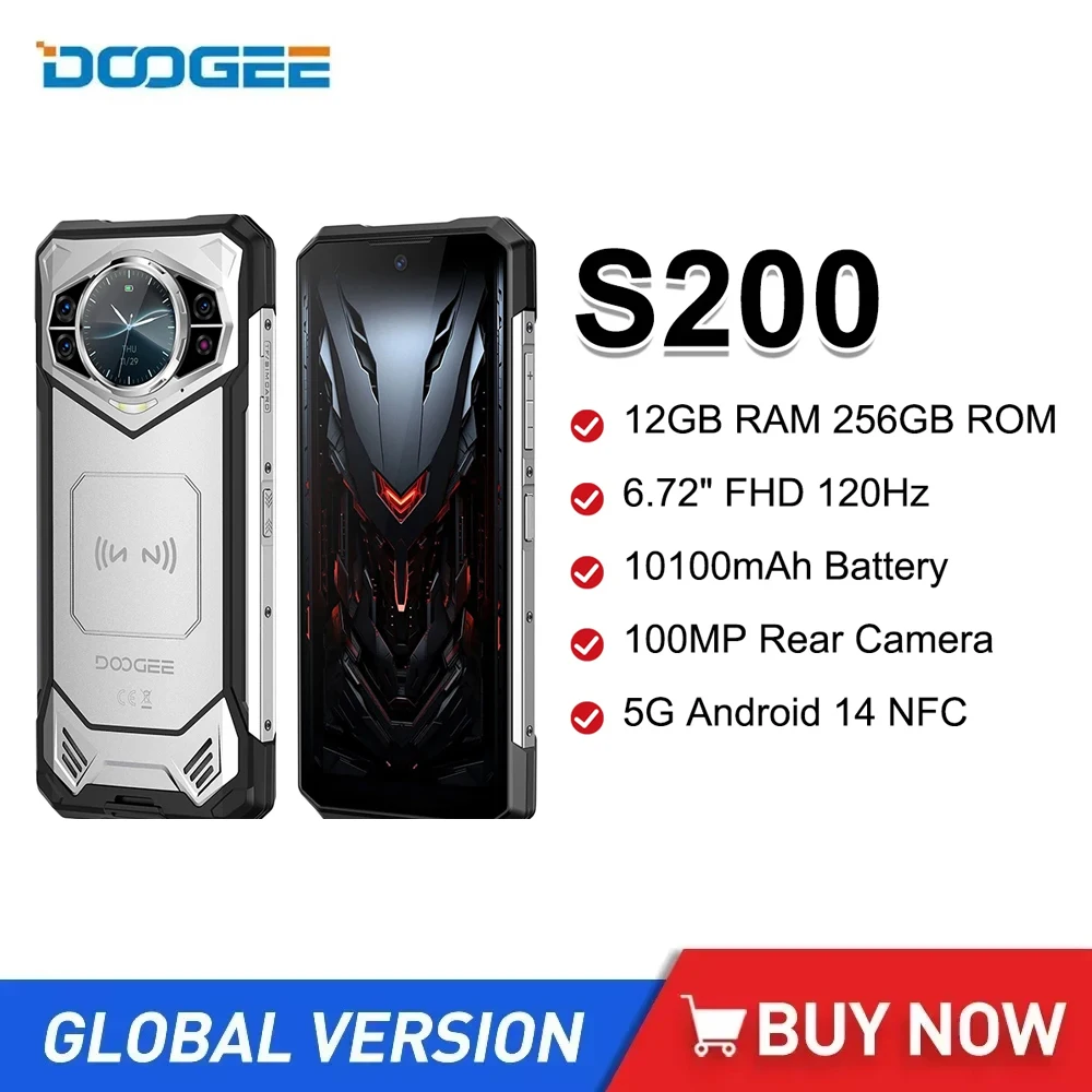 DOOGEE S200 5G Rugged Phone 6.72 Inch 12GB RAM 256GB ROM Mobile Phone 10100mAh 100MP AI Main Camera Android 14 Cellphone NFC