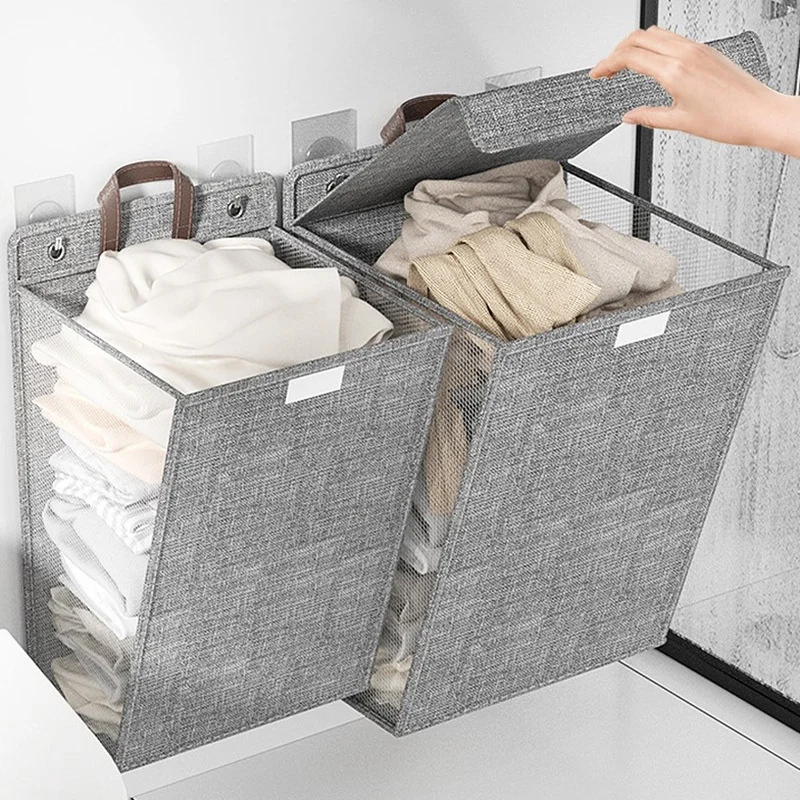 Foldable Linen Dirty Laundry Basket Household Wall-mounted Clothes Storage Bin with Lid Large-capacity Bathroom Storage Box