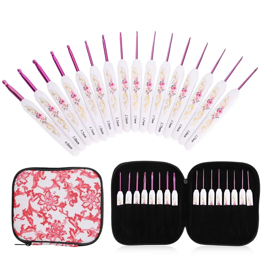 Häkelnadel-Set, 16-teilig, ergonomisches Häkelnadel-Set, Metall-Häkelnadel-Set, Häkelnadel-Set mit Etui zum Handstricken von Garn