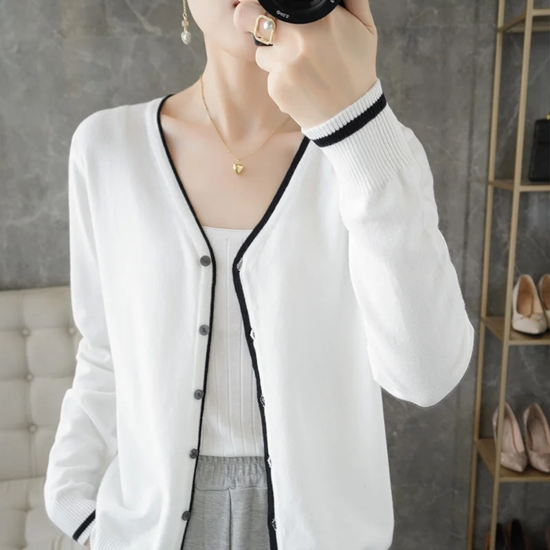 Women's Cardigan Spring Worsted Wool Knitted Sweater Casual Blouse Loose Ladies Tops V-Neck Single-breasted Splicing Jacket
