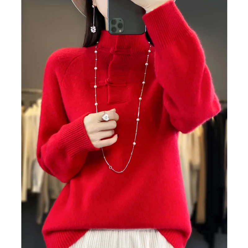 Women 100% Merino Wool Knitted Basic Sweater Half-high Collar Pullover Autumn Winter Chinese Style Buckle Thickening Soft Top