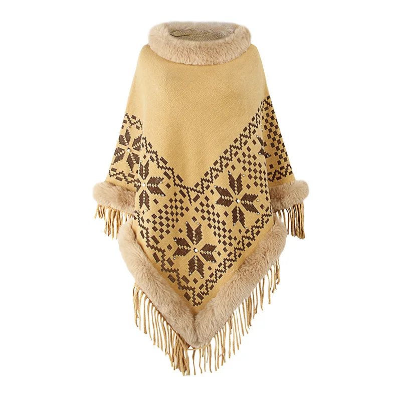 

Autumn Winter New European American Capes Shawl Imitation Wool Collar Nail Bead Tassel Sweater Ponchos Women Cape Beige Cloak