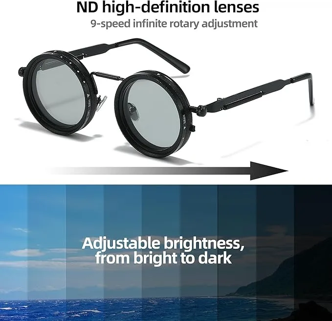 Adjustable Tint Sunglasses, 1-9 Gears Steampunk Retro Metal Polarized Glasses with ND Filter Lenses Vintage Leica-Style Rotating