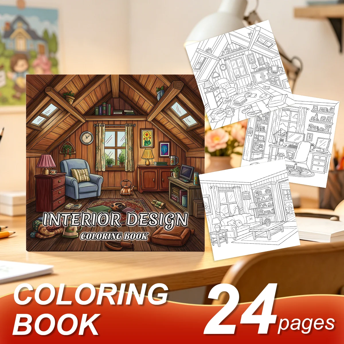 Interior Design Coloring Book for Adults Teens, Cozy Home Decor Room Patterns, Stress‑Relaxing Mindfulness Art Activity Book