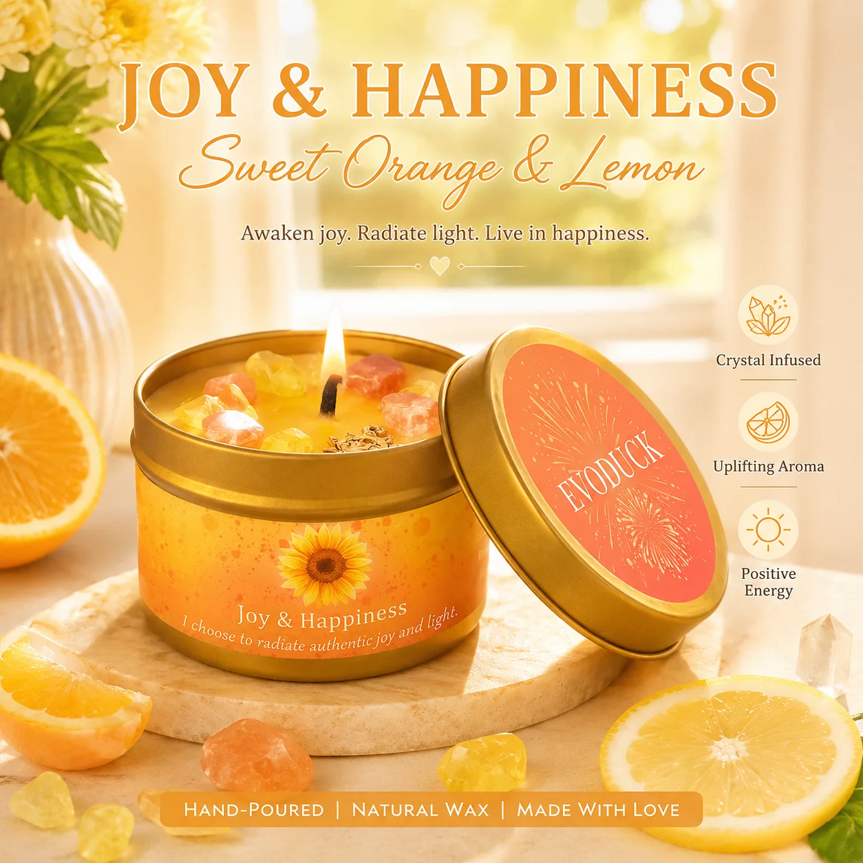 Sweet Orange Lemon Crystal Scented Candle Joy Happiness Aromatherapy Candle Positive Energy Room Decor Gift For Her 3oz Tin Set