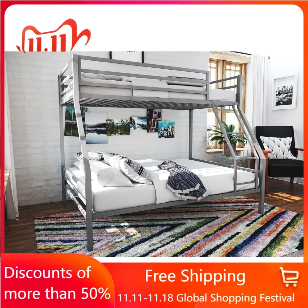 Metal Bunk Bed Frame for Kids and Teens,with Angled Ladder,High Guardrail and Metal Slats,No Boxspring Required, Bunk Bed Frame