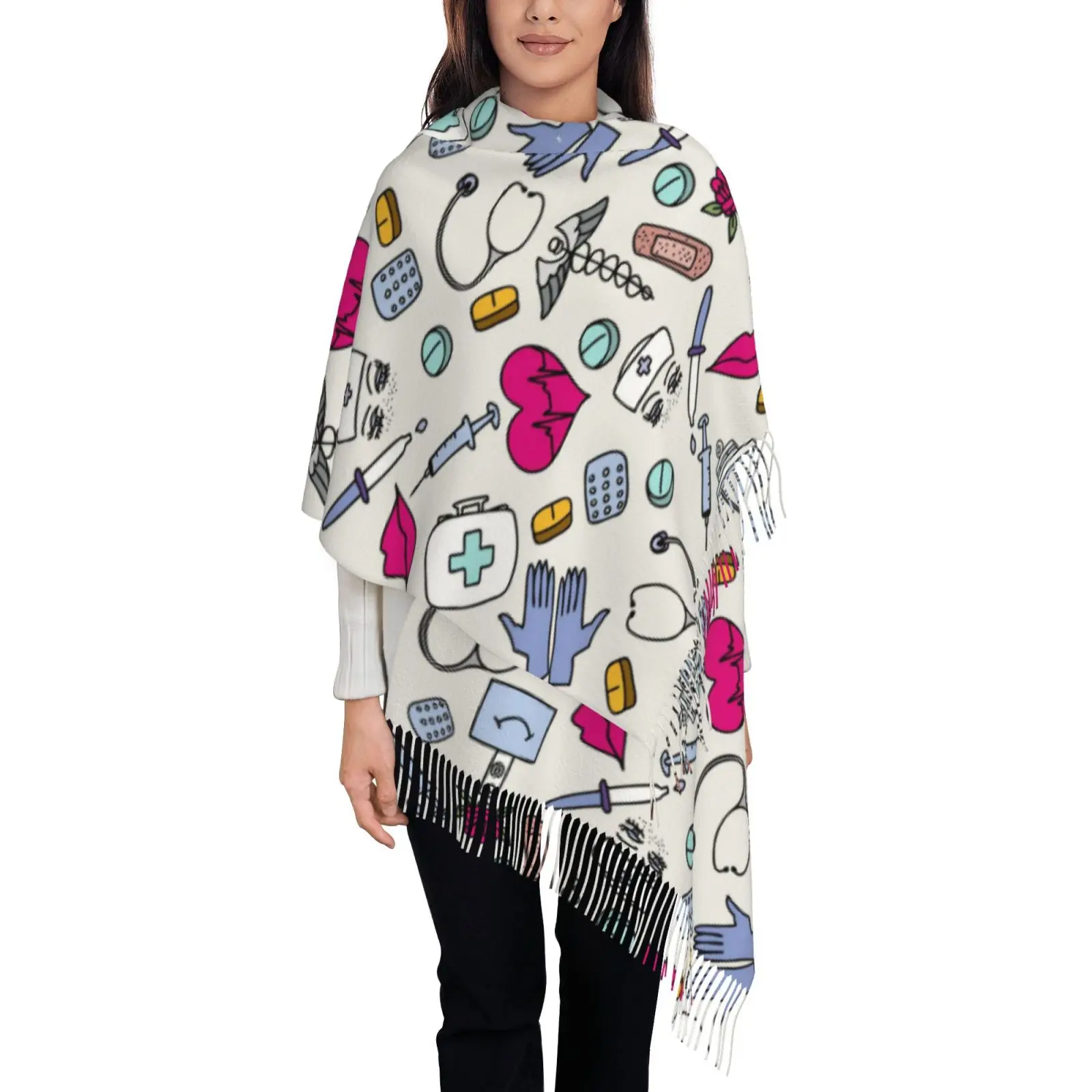 Medical Equipment Print Shawl, Winter Tassel Scarf, Unique Gift for Nurse Doctor Women
