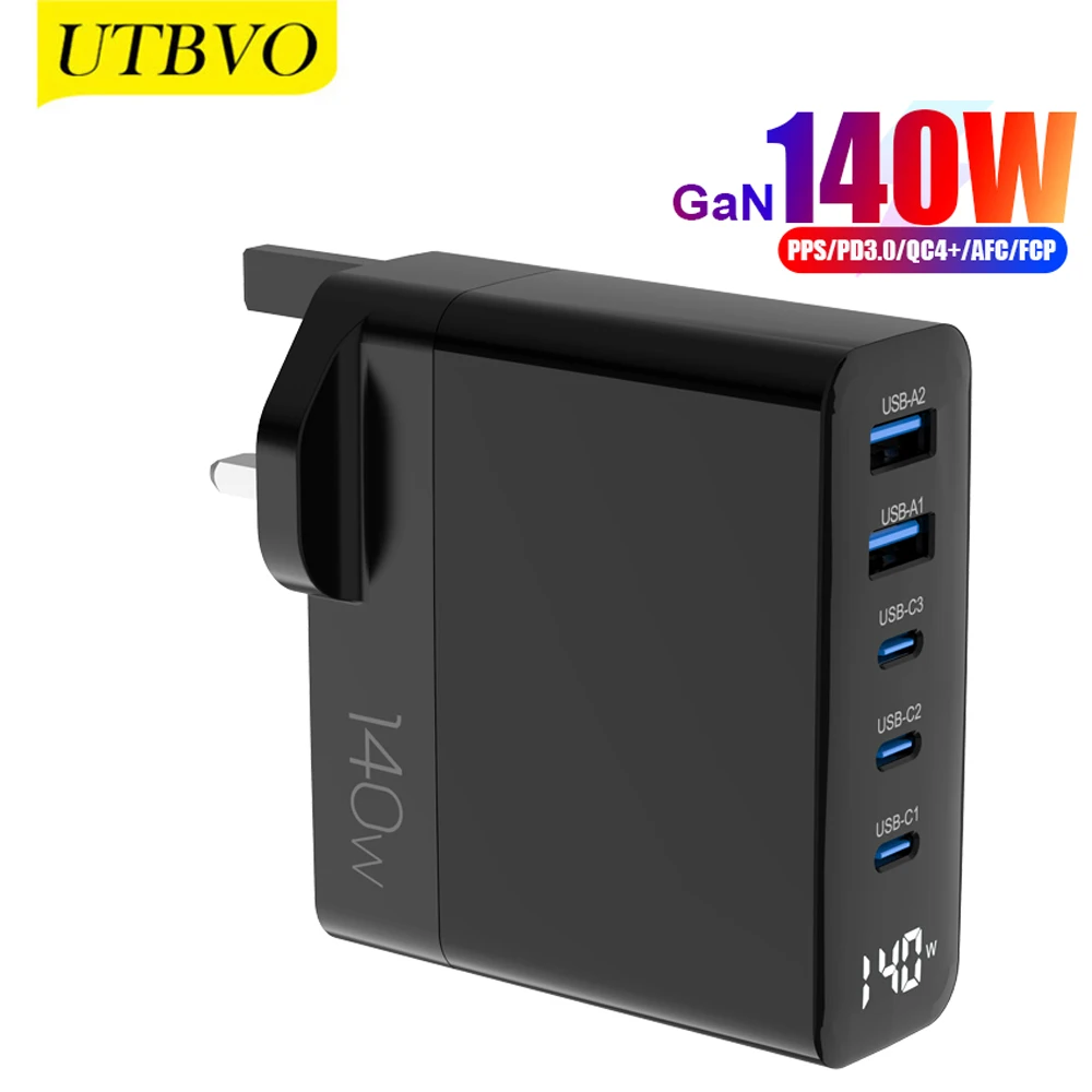 UTBVO GaN 140W USB C Wall Charger with LED Display, 5-Port PD 100W PPS 45W QC4+ Fast Charging Adapter for MacBook iPhone Galaxy