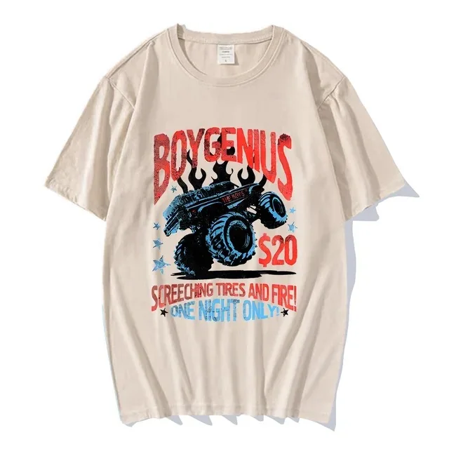 Camiseta Branca Boy Genius Boygenius Screeching Tires and Fire Edição Limitada Vintage Lavada Macia e Elástica para Uso Diário