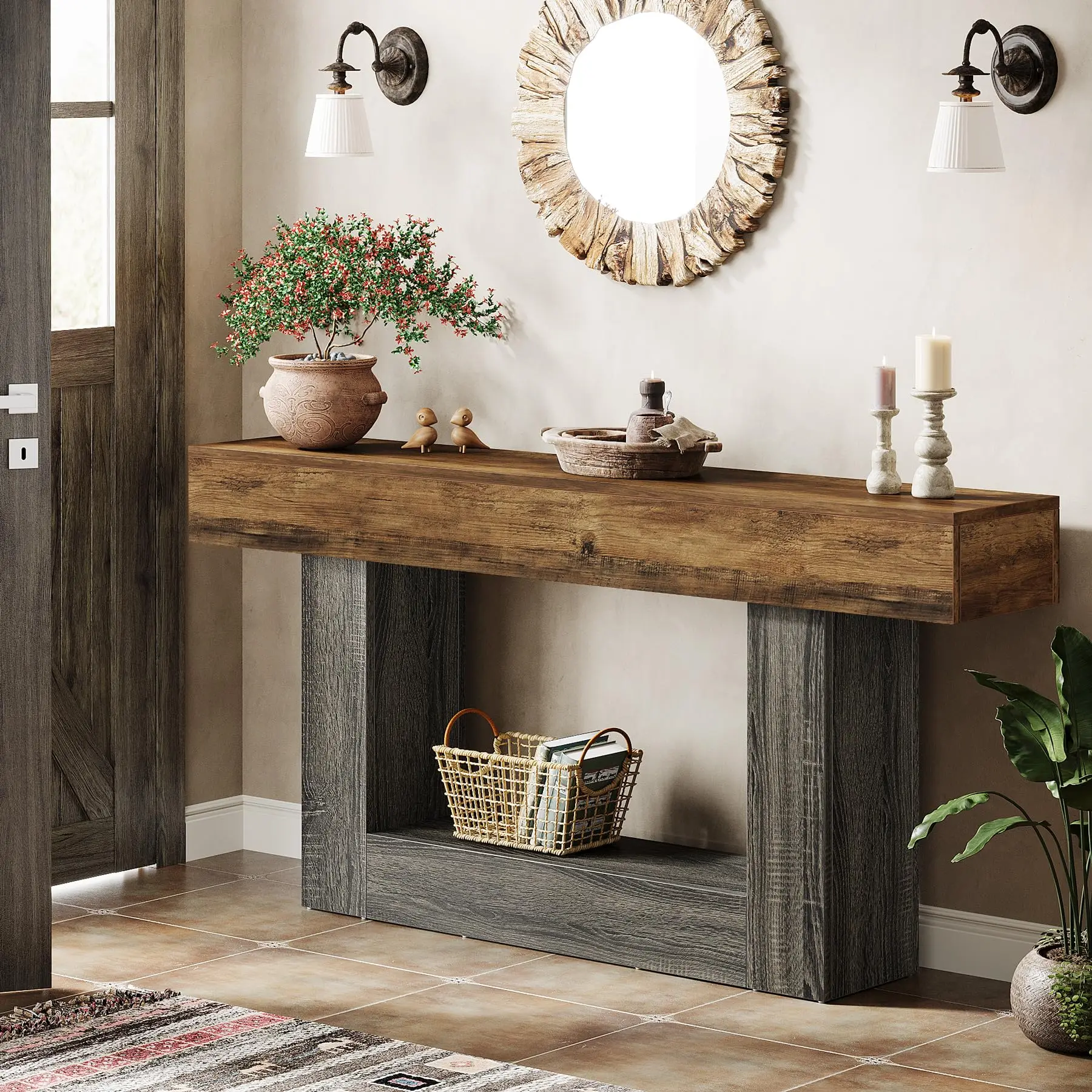 #LITTLE TREE  Console Table, Farmhouse 2-Tier Entryway Table with U-Shaped Base,Narrow Long Wood Sofa Table Behind Couch Table