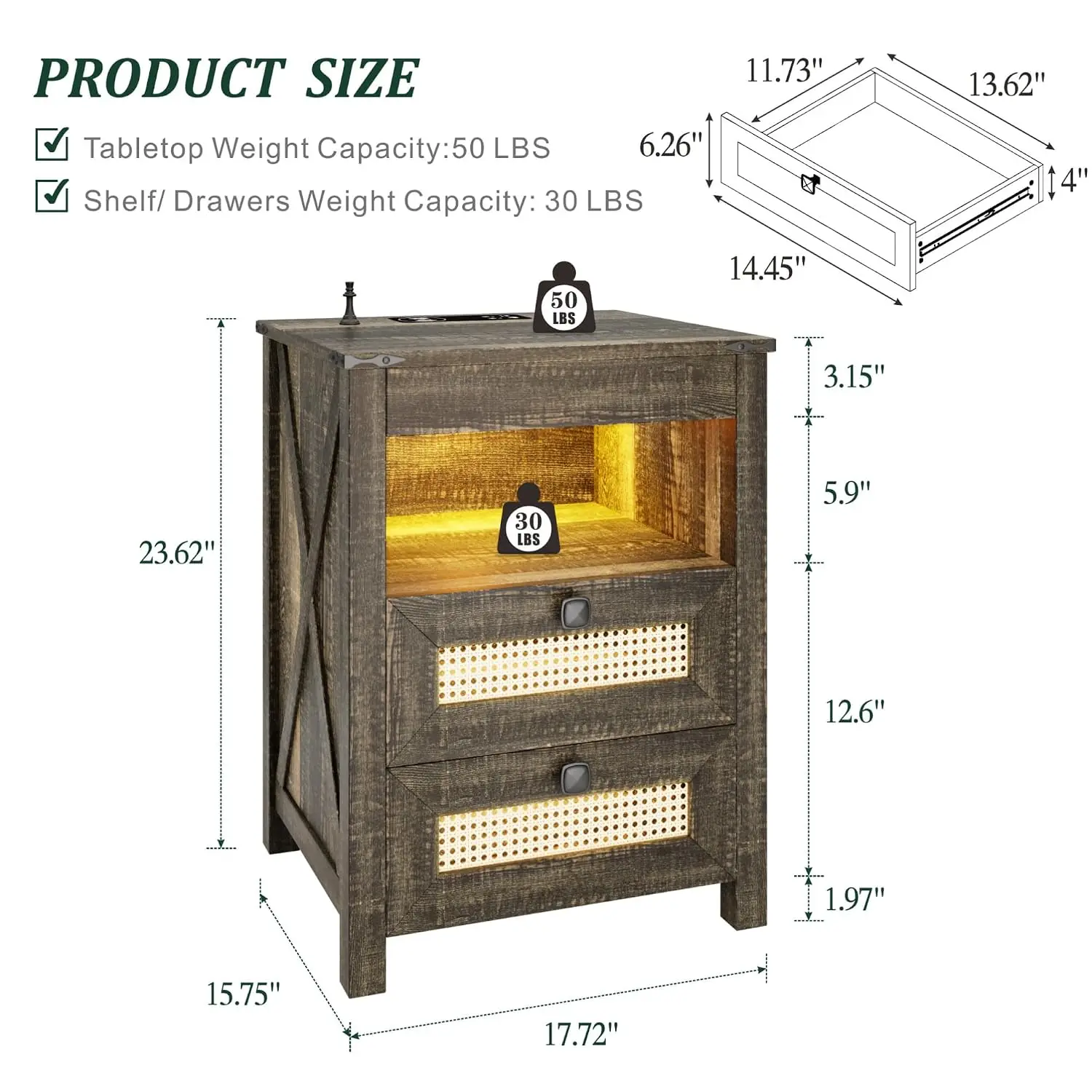 LED Nightstand with Gun Drawer & Charging Station, Sensor Light, Hidden Storage, Rattan, 3 Drawers, Bedside Table, Customized