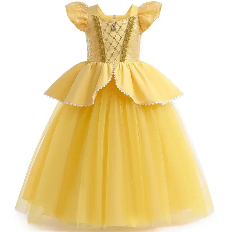 2024 Girls Cosplay Belle Princess Dress Beauty and The Beast Kids Vestidos Party Halloween Magic Wand Crown Children Costume